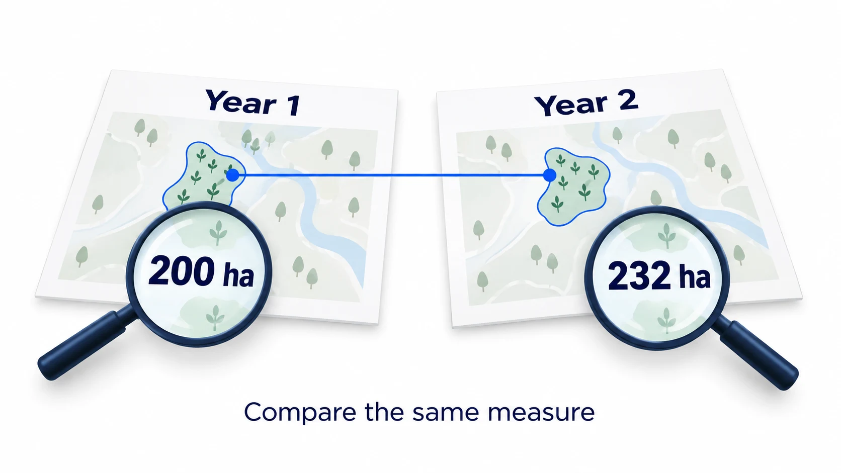Two wetland maps labeled Year 1 and Year 2, with magnifying glasses highlighting 200 and 232 hectares