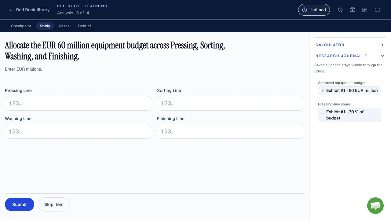 Red Rock: Allocate the investment budget · Practice screenshot