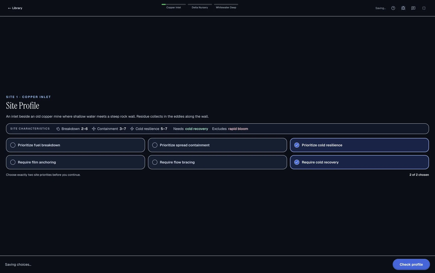 Sea Wolf: Choose your site priorities · Practice screenshot
