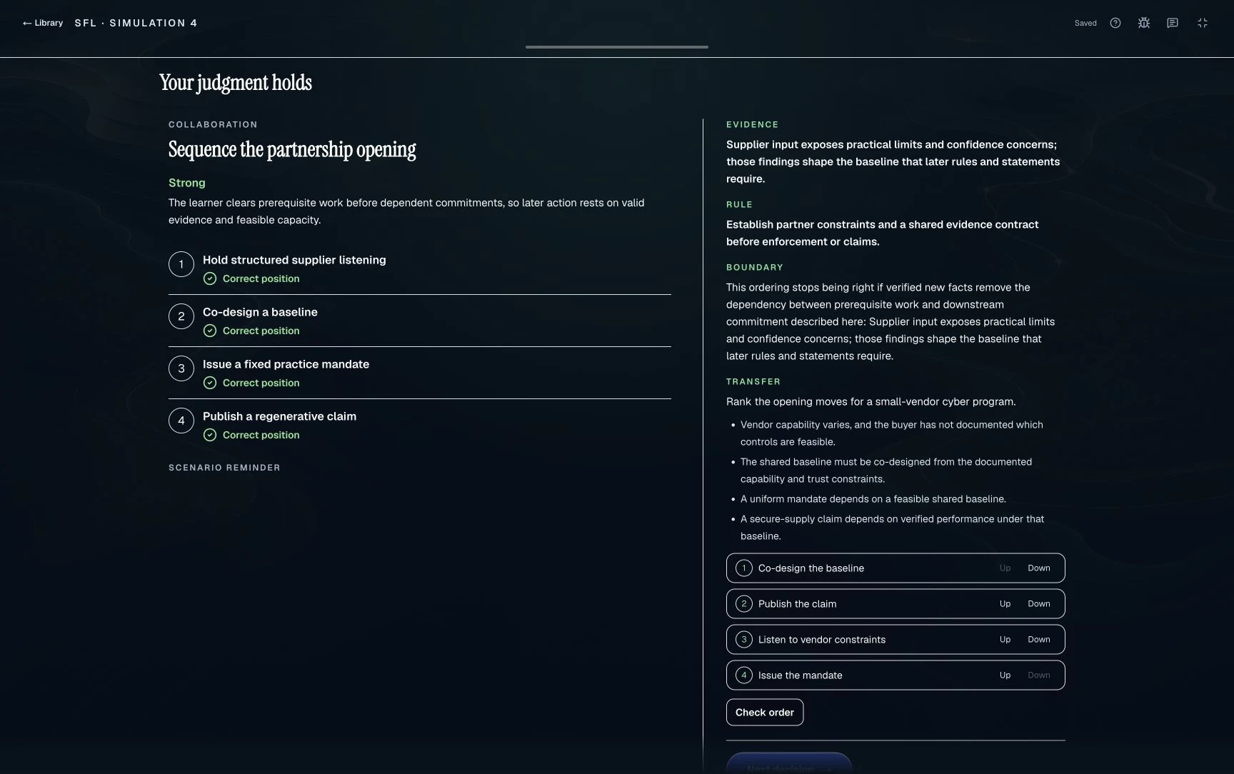 Sustainable Futures Lab: Review your reasoning and transfer the lesson · Practice screenshot