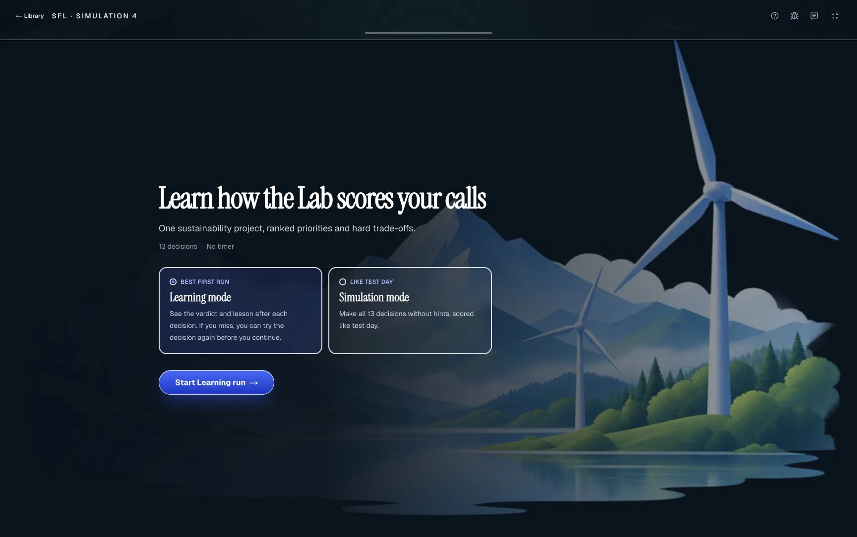 Sustainable Futures Lab: Choose Learning or Simulation · Practice screenshot